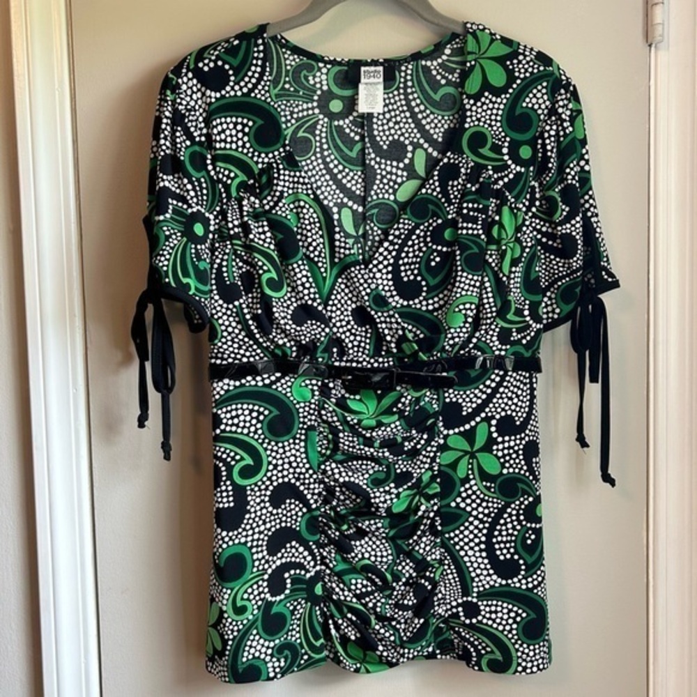 Studio 1940 Green Floral & Polka Dot Polyester Empire Waist Women’s Blouse Sz L